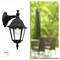 'Black outdoor wall lantern with a bulb inside, mounted on a wall. IP23 rating visible. Patio scene blurred in the background on the right.'