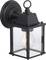 A black, square outdoor wall lantern with a clear glass enclosure housing a light bulb, mounted on a circular base.