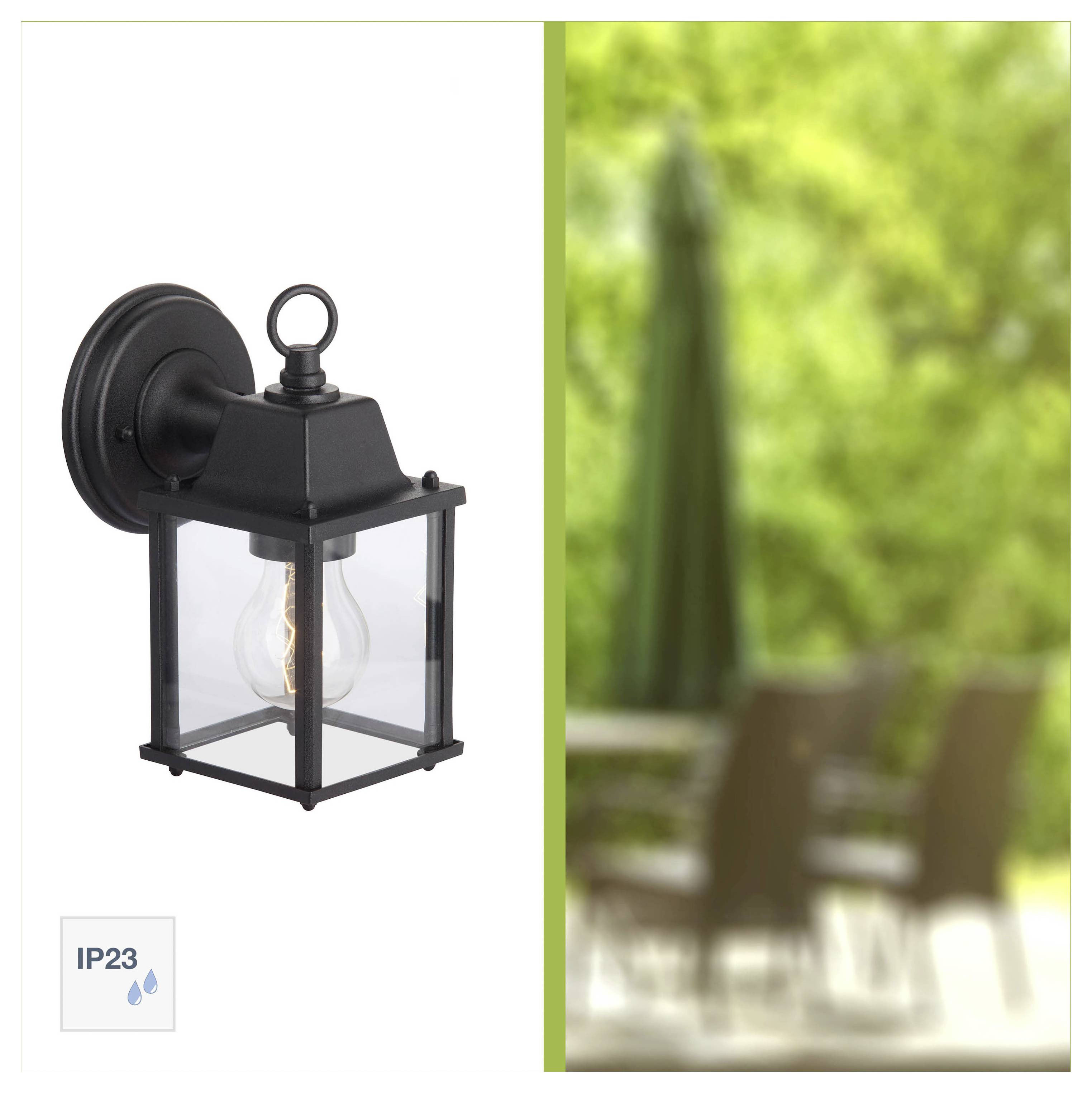 'Black outdoor lantern with clear glass panels and Edison bulb mounted on wall, blurred green garden background.'