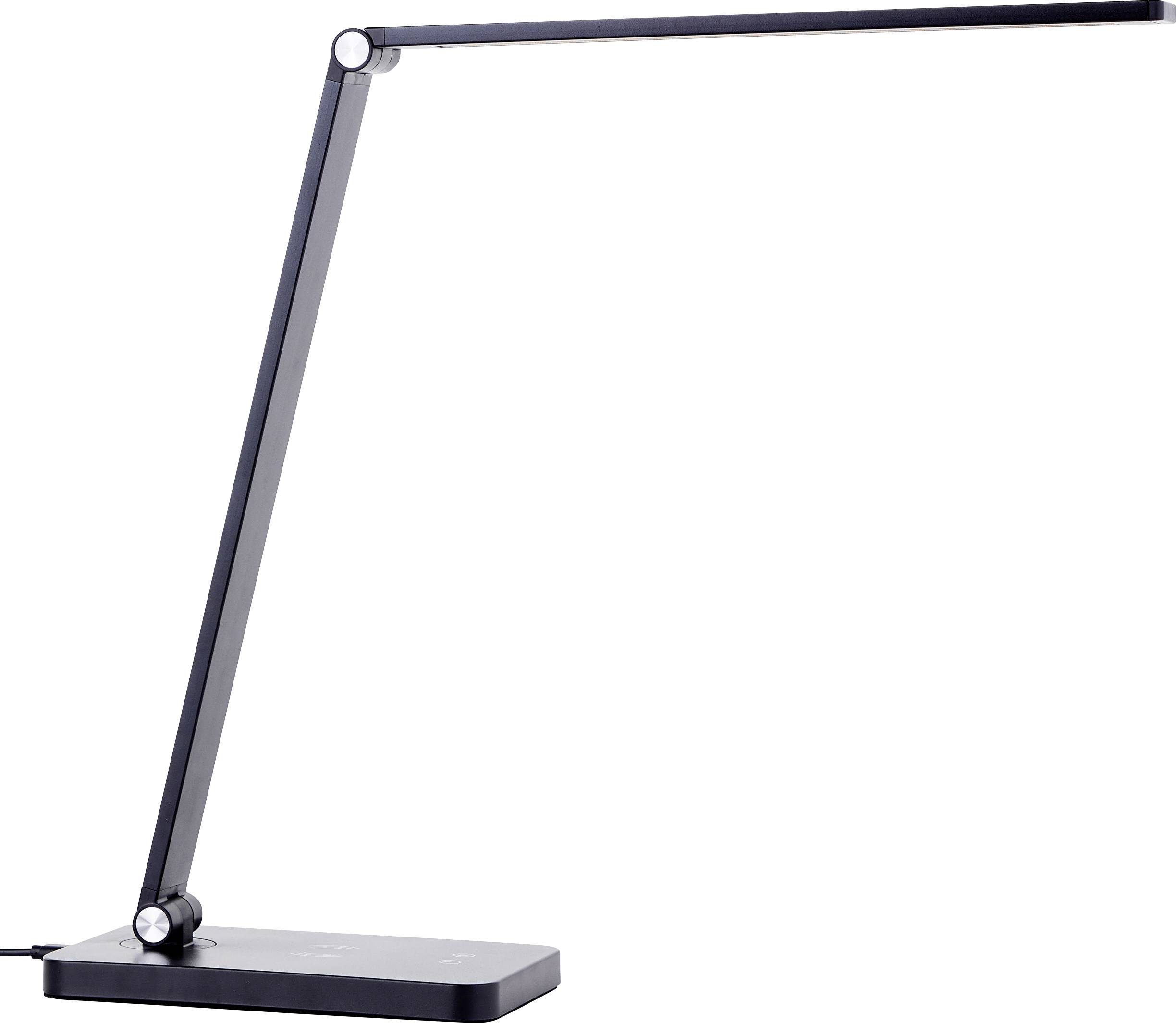 A sleek, black desk lamp with an adjustable arm and a rectangular base, designed for modern office or study settings.