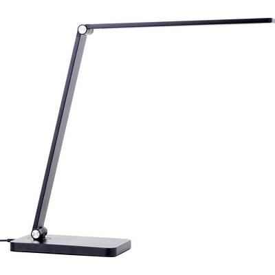A sleek, black desk lamp with an adjustable arm and a rectangular base, designed for modern office or study settings.