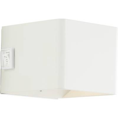 A white, cube-shaped wall lamp with a switch on the side, designed for indoor lighting.