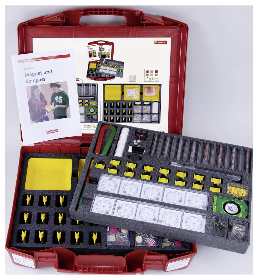 Red case containing educational tools for teaching magnetism and compasses, with a booklet titled 'Magnet und Kompass'.