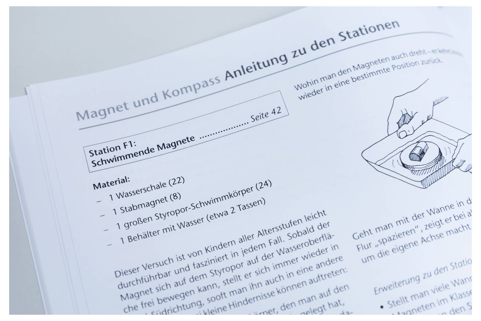 The image shows instructions for a magnet and compass activity, focused on creating 'floating magnets', with materials listed: water bowl, skewer, Styrofoam piece, water container.
