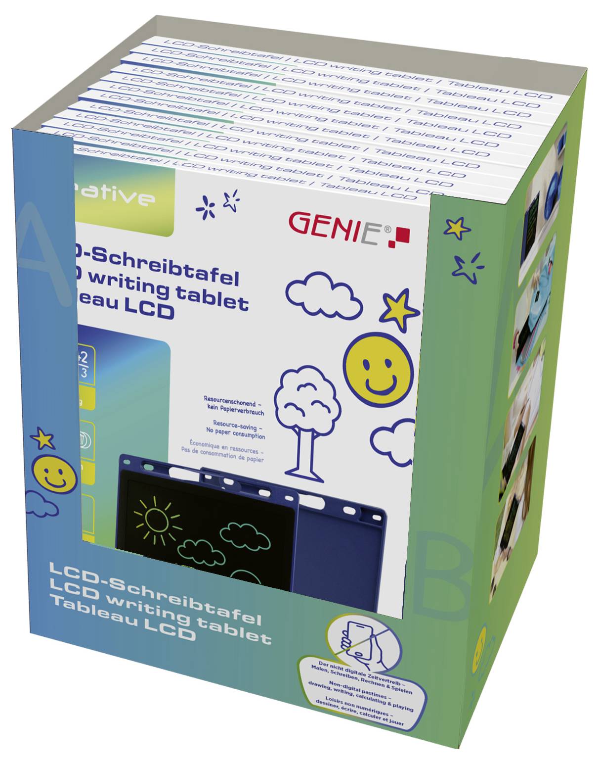 'Genie LCD writing tablet' packaging featuring illustrations of smiling sun and clouds, showcasing a digital drawing board for creative use.