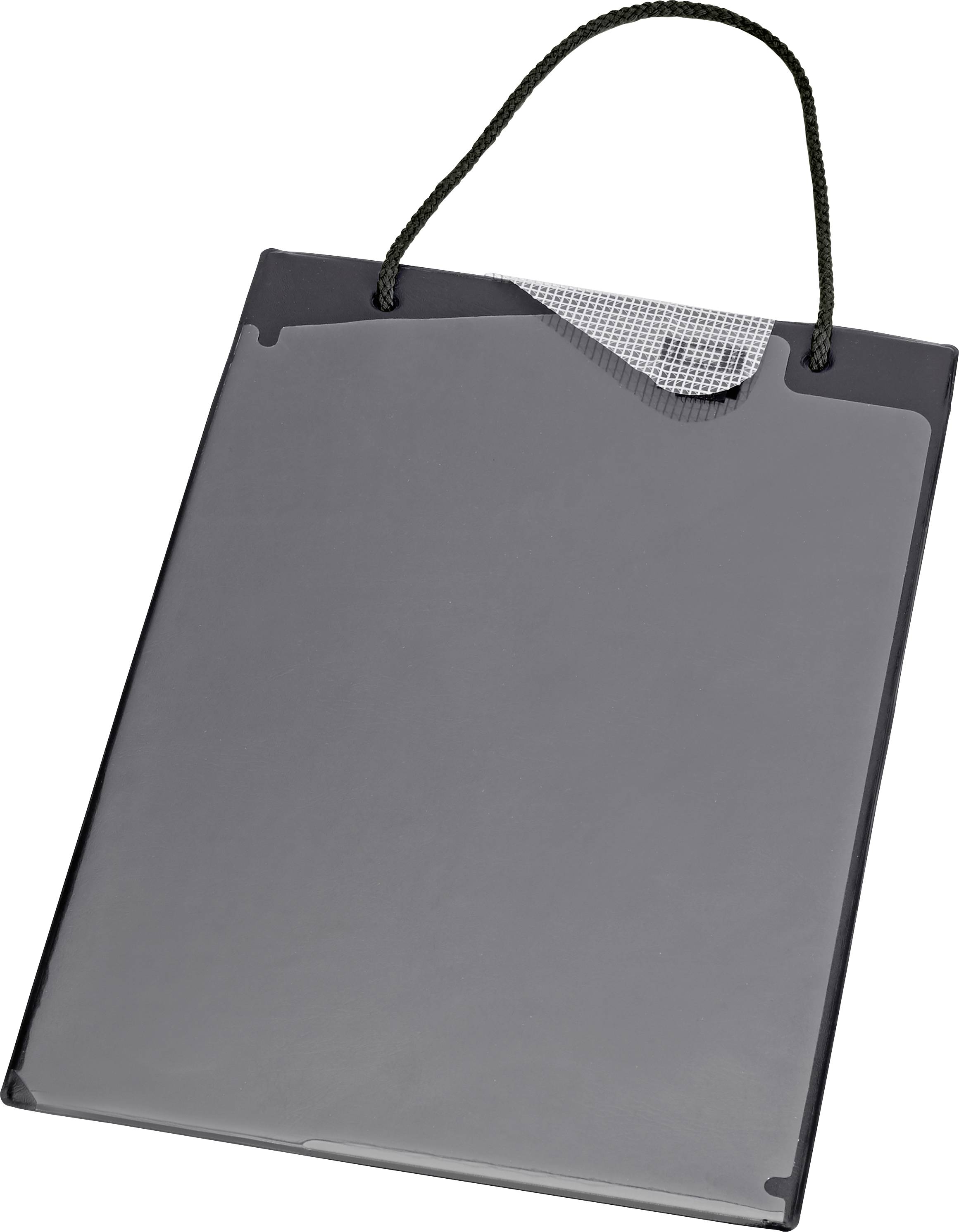 A black clipboard with a mesh pocket and a rope handle, shown at a slight angle.