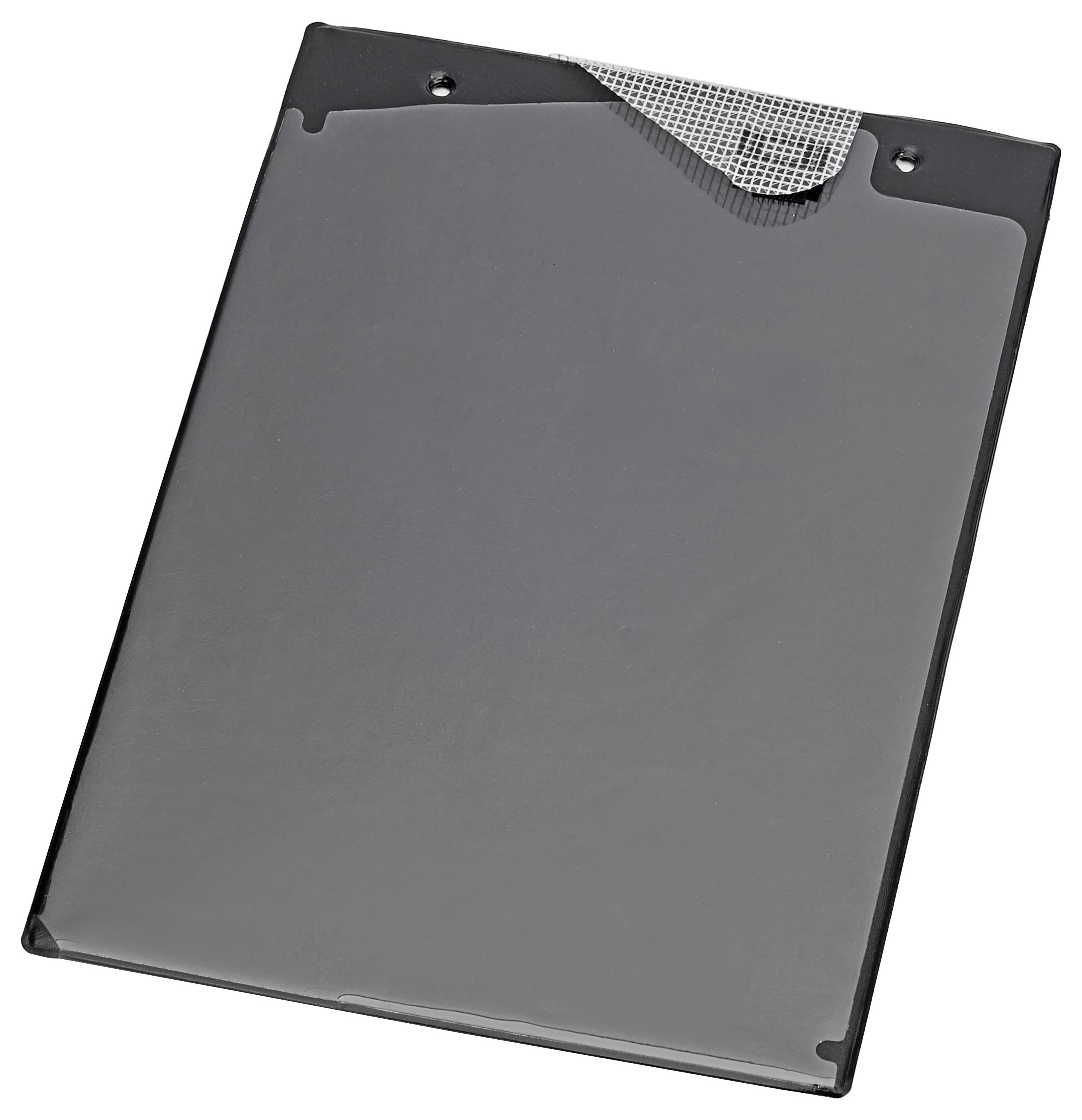 A sleek black sheet holder with a textured upper corner, used for organizing papers.