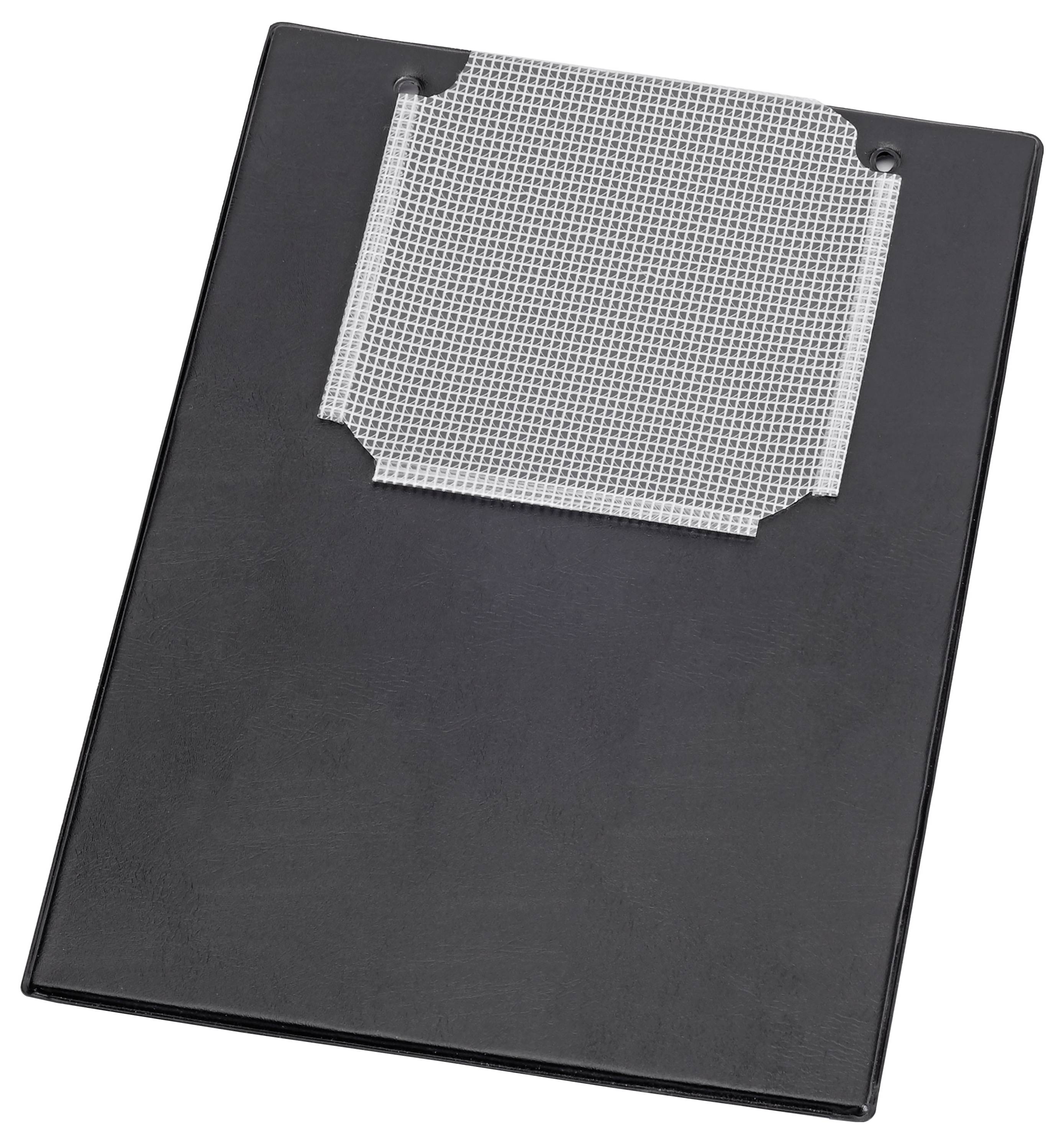 A black clipboard with a metallic mesh clip at the top for holding papers.