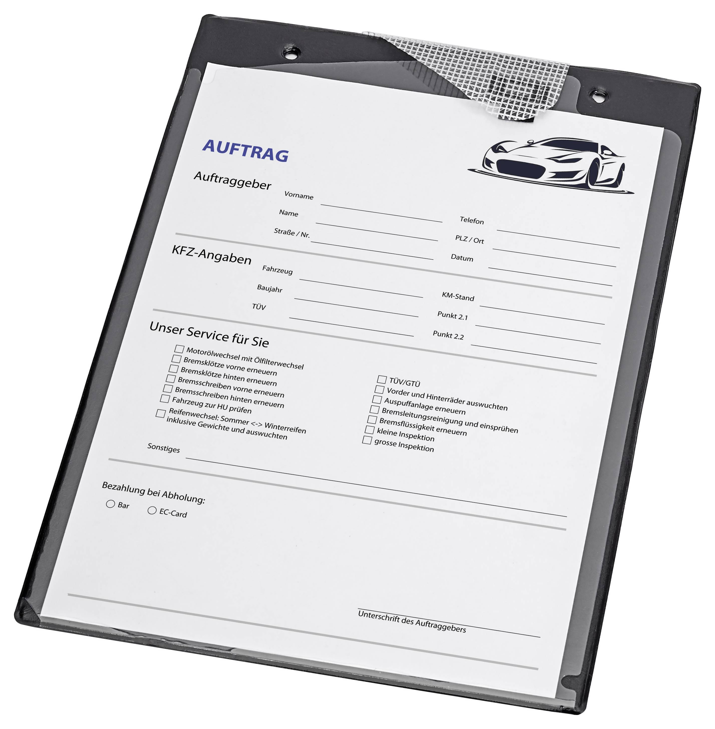 'Form labeled AUFTRAG with car service options, including tire change and wash, and contact details on clipboard.'