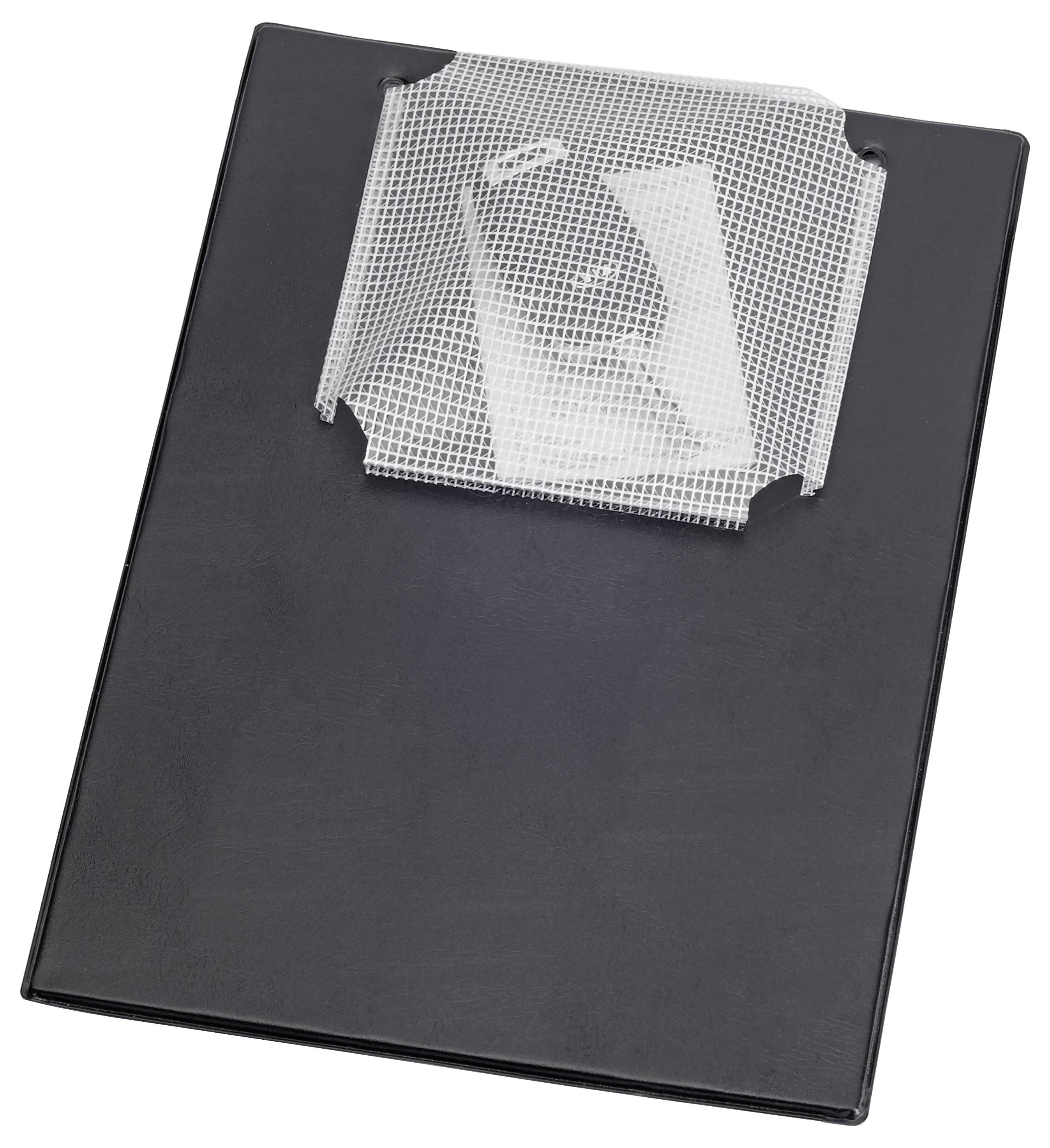 A black rectangular object with a white, textured, rectangular patch attached at the top, placed on a white background.