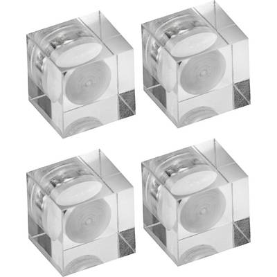 Four transparent cubes, each containing a white spiral, are arranged in a 2x2 grid.