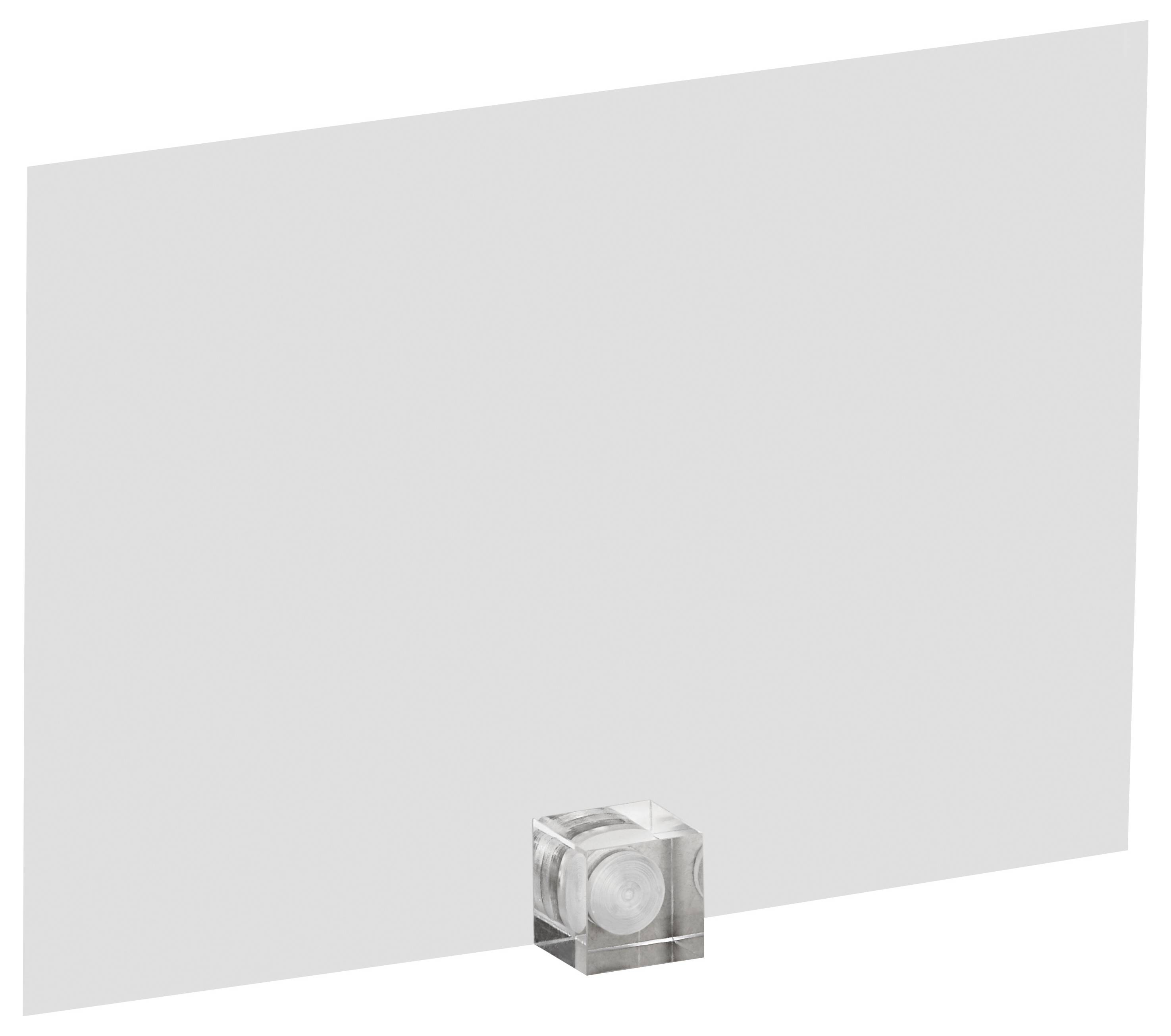 A rectangular sheet of transparent or frosted material is supported by a small, clear, cube-shaped stand at its base.