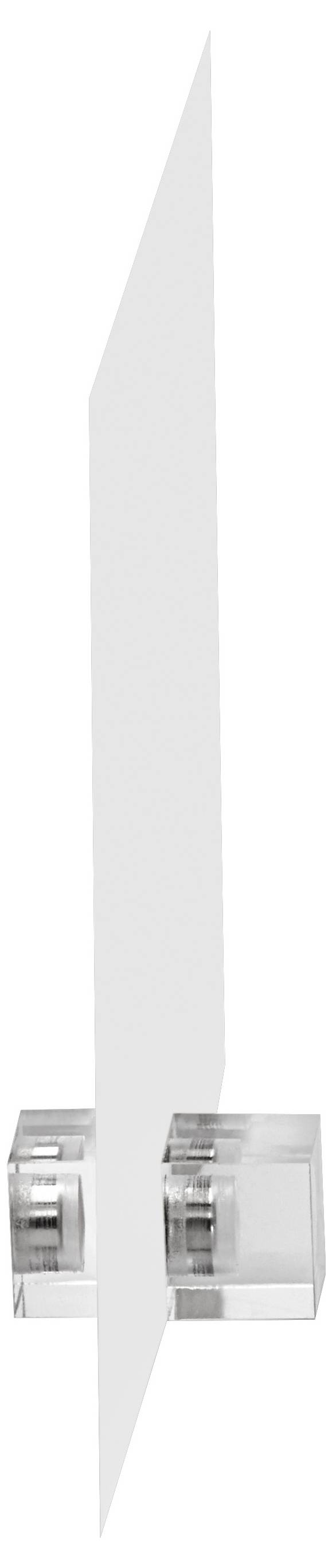 A transparent acrylic stand holds a vertical white panel, used to display signs or promotional materials.