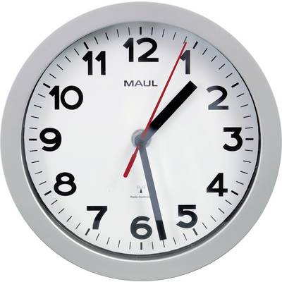 A round wall clock with a silver frame, displaying the time as 10:10. It features black hour and minute hands and a red second hand.