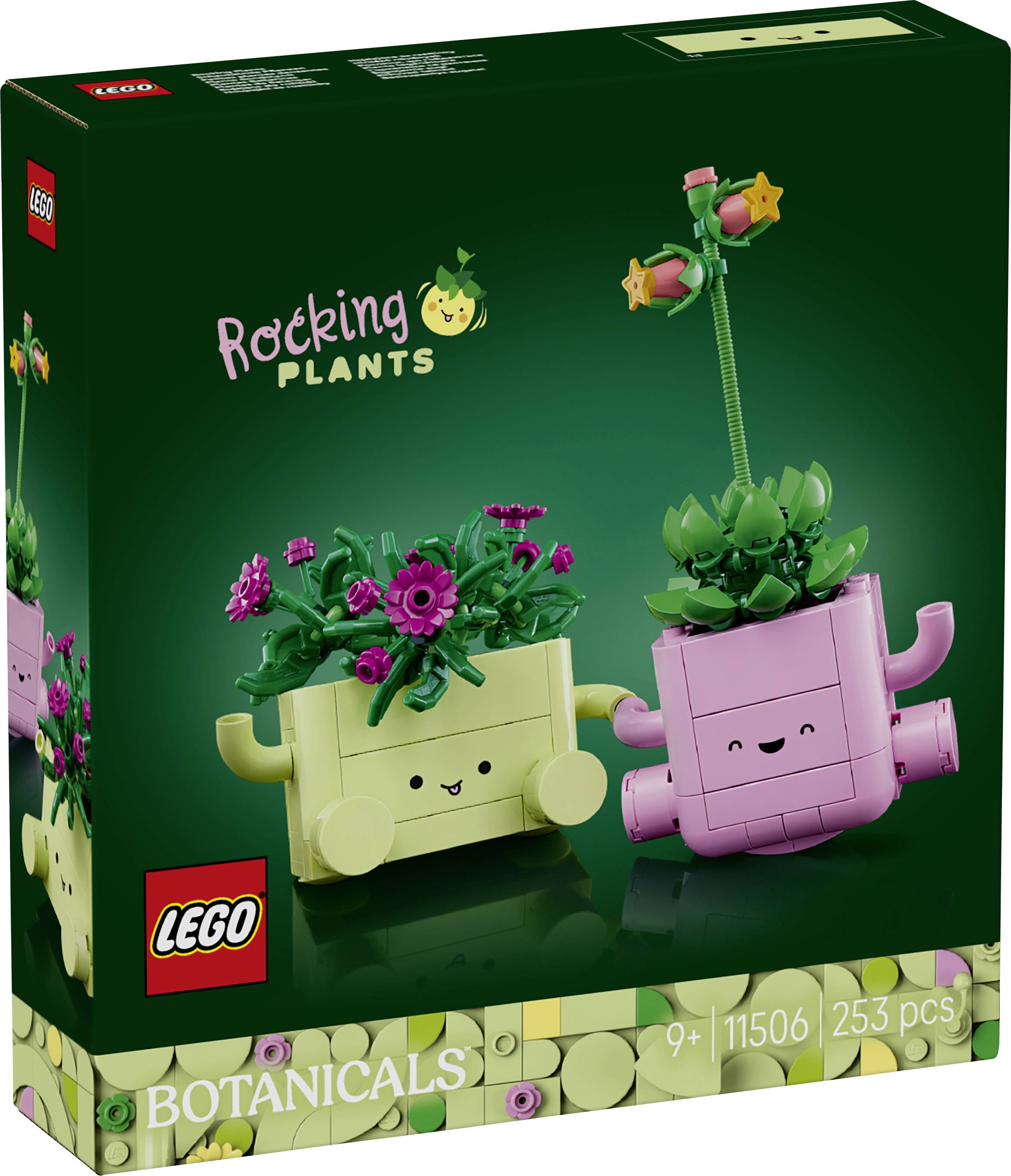 LEGO Botanicals 'Rocking Plants' set box showing two smiling plant-shaped rocking pots, ages 9+, 11506, 253 pieces.
