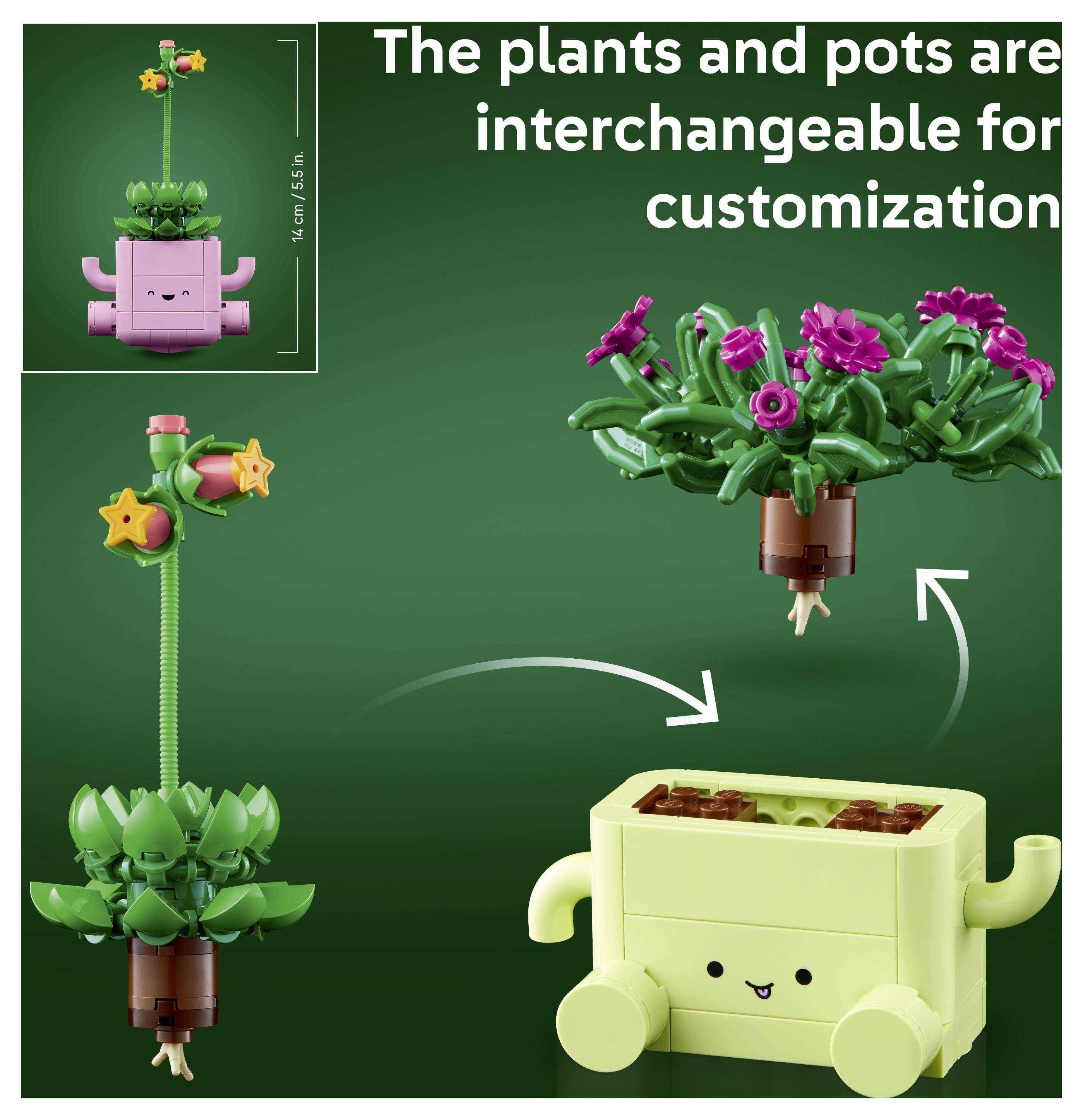Promotional graphic showing a modular toy plant and pot system; text says 'The plants and pots are interchangeable for customization.'<br>