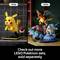 A display featuring LEGO Pokémon models: Pikachu, Charizard, Venusaur, and Blastoise. Text reads 'Check out more LEGO Pokémon sets, sold separately.'