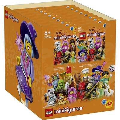 LEGO Minifigures Series 29 blind-box display case of orange packs, showing 12 collectible figures and set number 71052 for ages 6+<br>