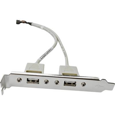 A metal bracket with two USB ports and cables attached, likely used for connecting additional USB devices to a computer internally.
