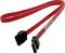 A red SATA data cable with two right-angle connectors, used to connect internal hard drives to computer motherboards for data transfer.
