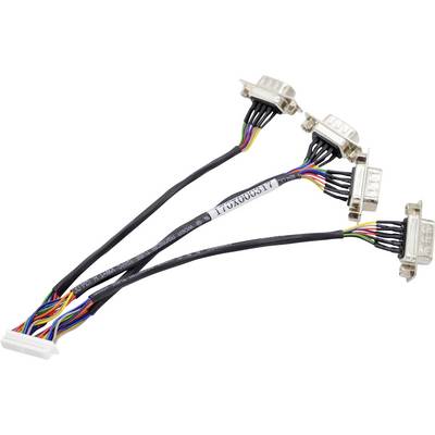 One cable connected to three separate ports with multiple colored wires, indicating a split or junction in an electronic setup.