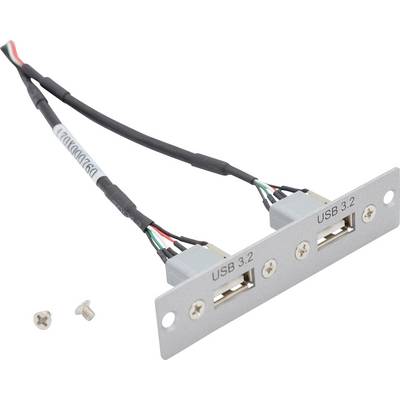 'A metal panel with two USB 3.2 ports, with attached cables, and two screws placed beside it.'