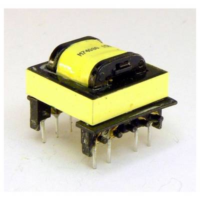 A small yellow electronic transformer with six metallic pins, used in power supplies for voltage conversion.