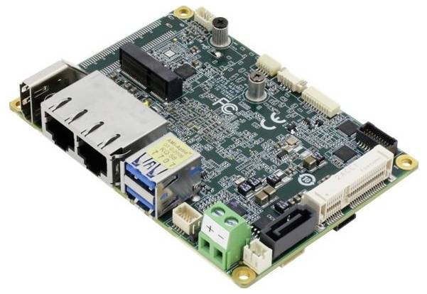 A compact circuit board with various electronic components, ports, and connectors, showcasing network and USB capabilities.