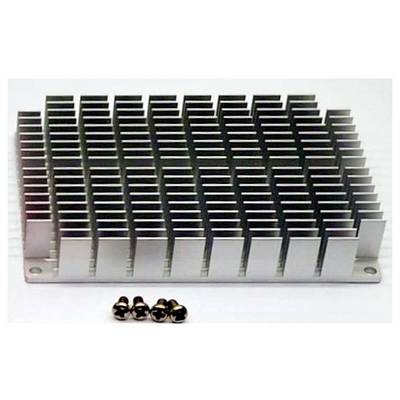 A rectangular metal heatsink with vertical fins, used for cooling electronic components, placed beside four small screws.