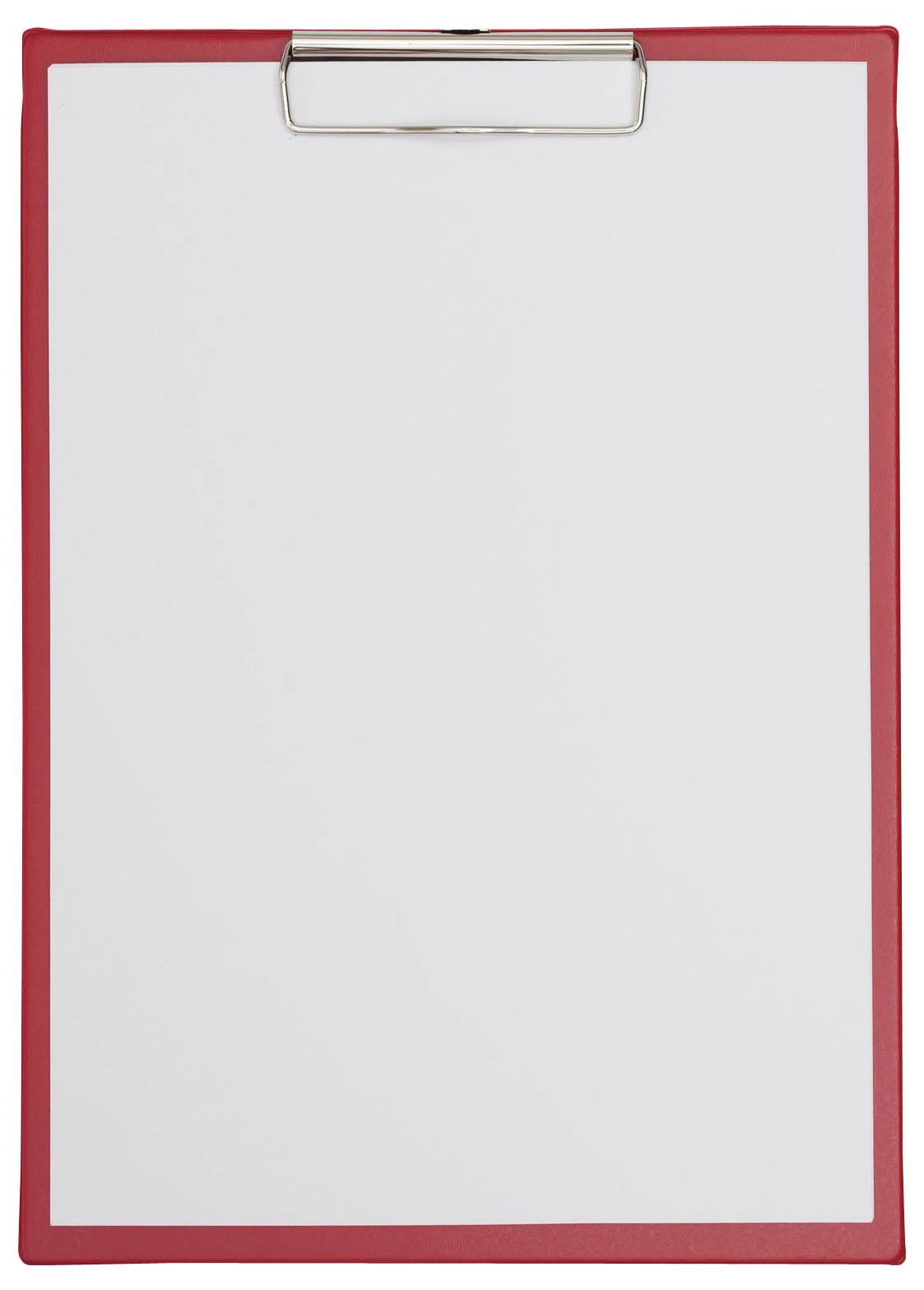 A red-framed clipboard with a metal clip on top, holding a blank sheet of white paper.