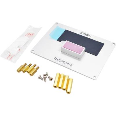 Thermal cooling kit with a mounting plate, thermal pads, bolts, gold-colored spacers, and instruction manual, used for electronics assembly.