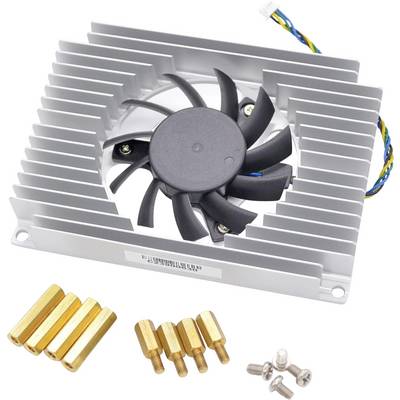 Computer cooling fan with aluminum heatsink, brass standoffs, and screws for mounting. Used to dissipate heat from electronic components.