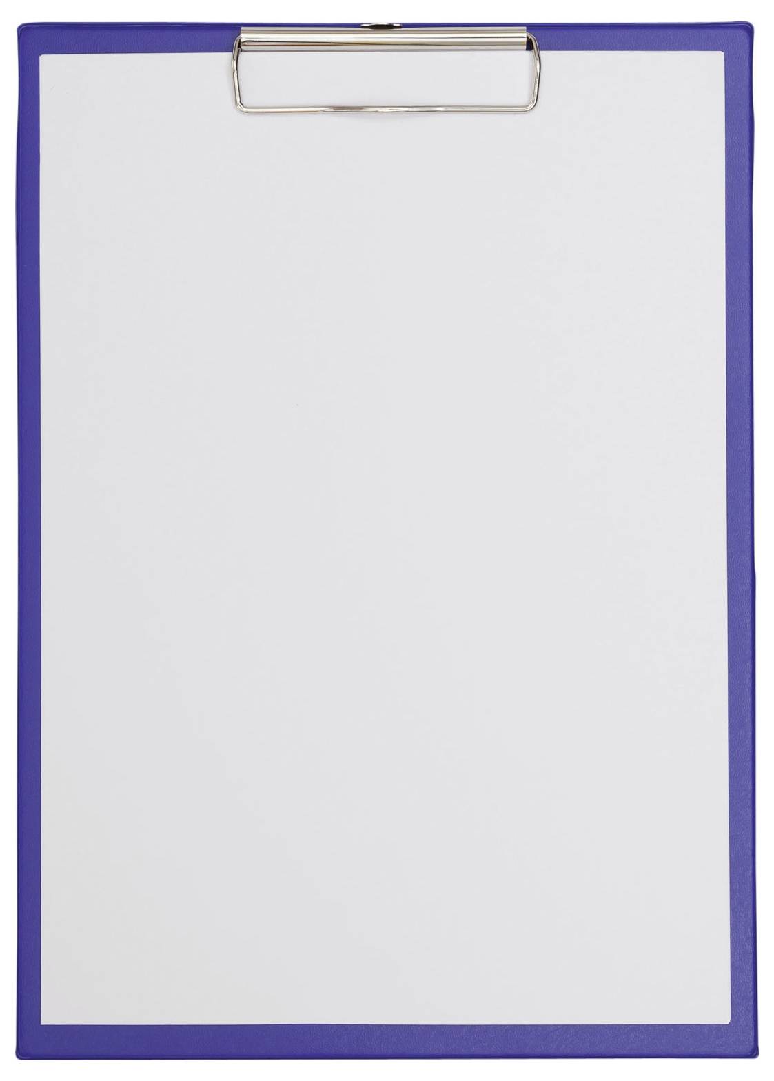 Blue clipboard with a blank sheet of white paper, positioned vertically, ready for writing or notes.