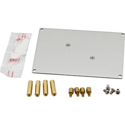 A mounting kit with an aluminum bracket, thermal paste packet, and brass standoffs with screws, used for installing electronic components.