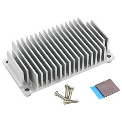 'Aluminum heatsink with thermal pads and screws for cooling electronic components.'