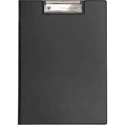 A black clipboard with a metal clip at the top, used for holding documents or papers securely in place.