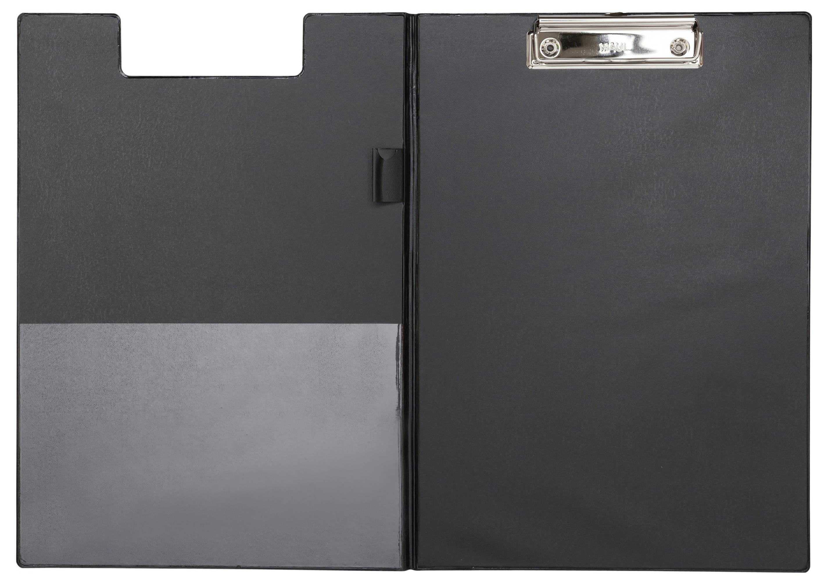 An open black clipboard folder with a metal clip on the right and a pocket on the left for holding documents.