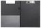 An open black clipboard folder with a metal clip on the right and a pocket on the left for holding documents.