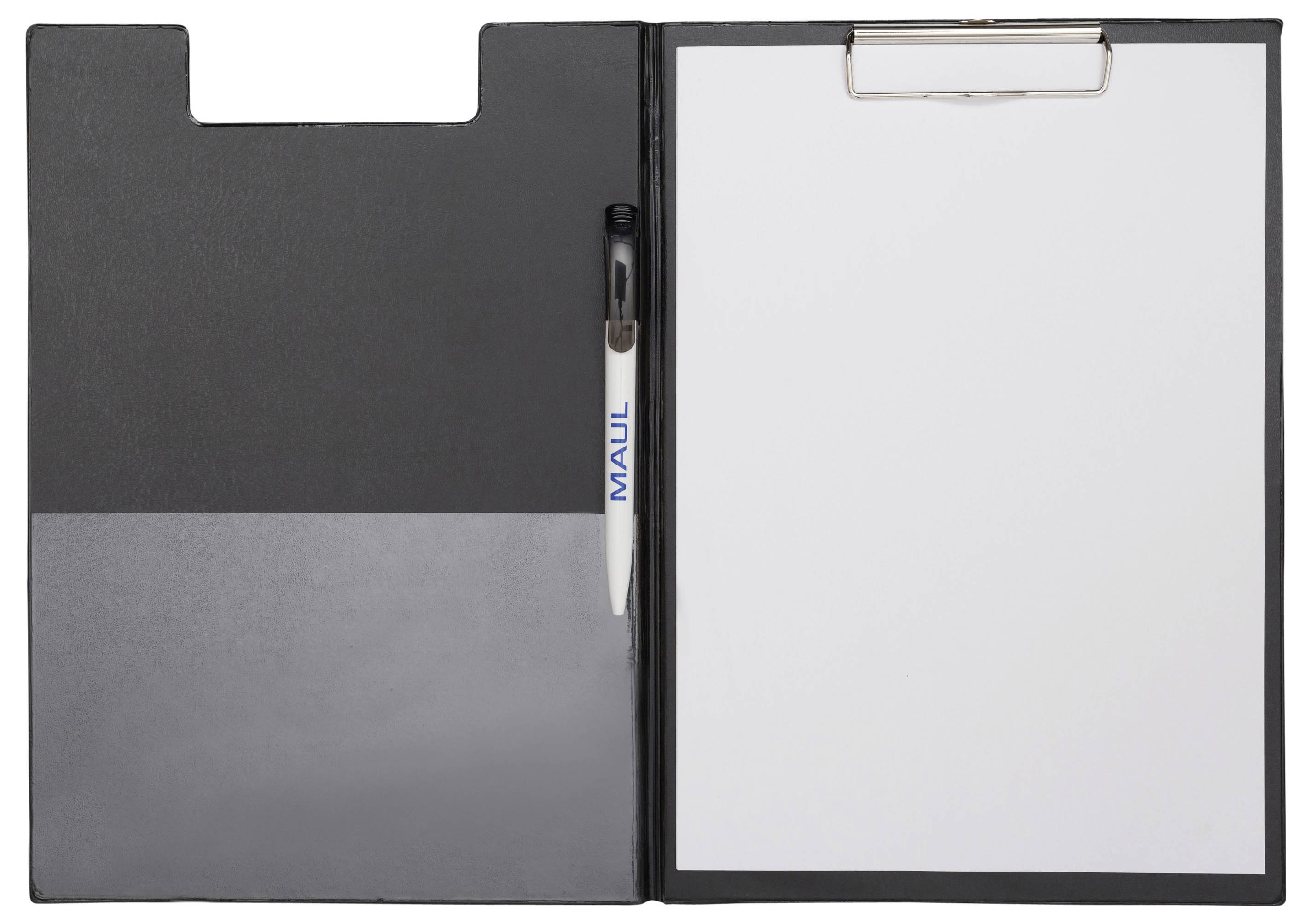 An open black clipboard folder with a pen holder on the left and a blank white paper held by a metal clip on the right.