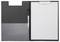 An open black clipboard folder with a pen holder on the left and a blank white paper held by a metal clip on the right.