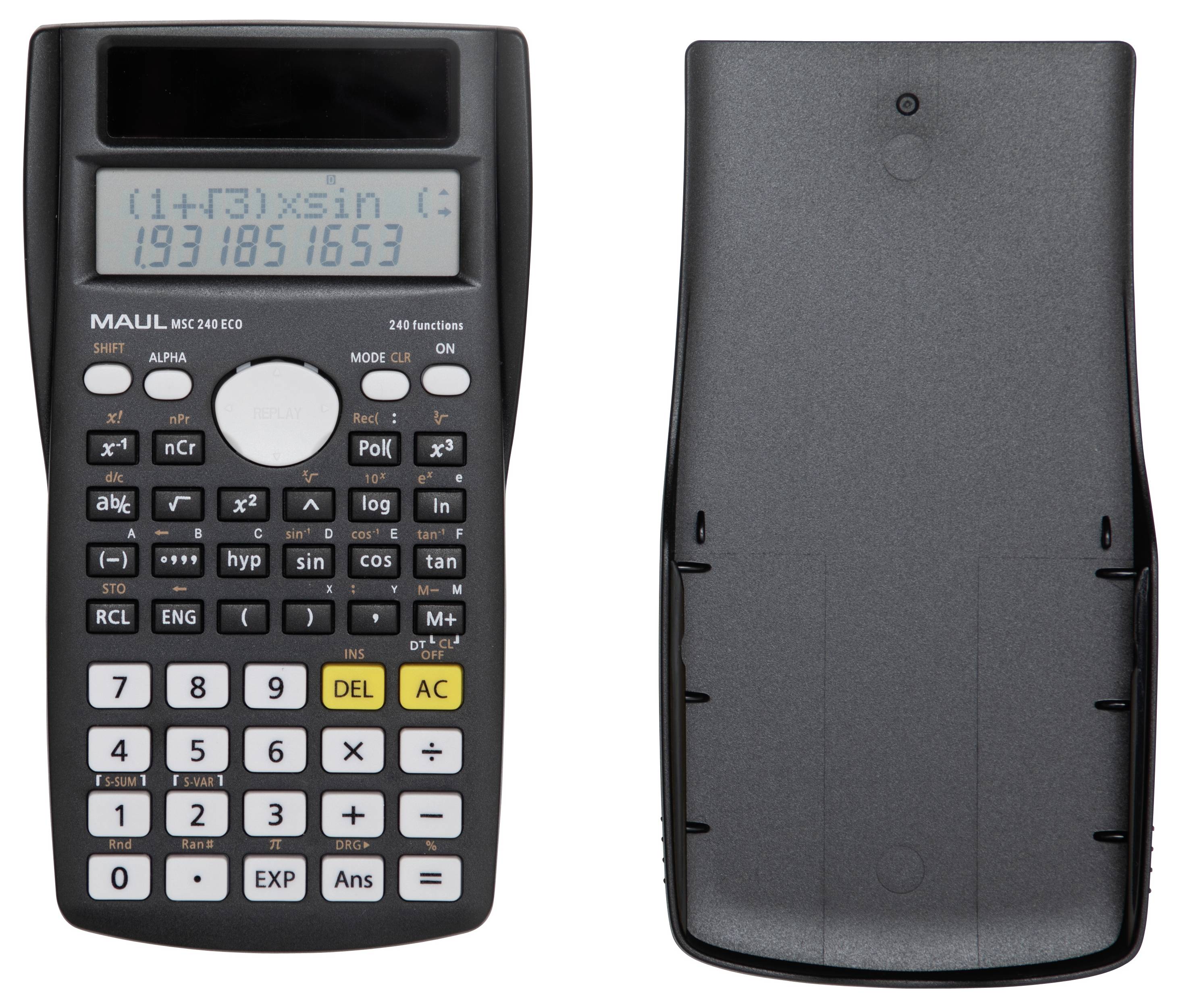 'Scientific calculator with cover. Display shows complex trigonometric calculation: (1+√3)×sin(π/3). Numeric results: 1.931851653.'
