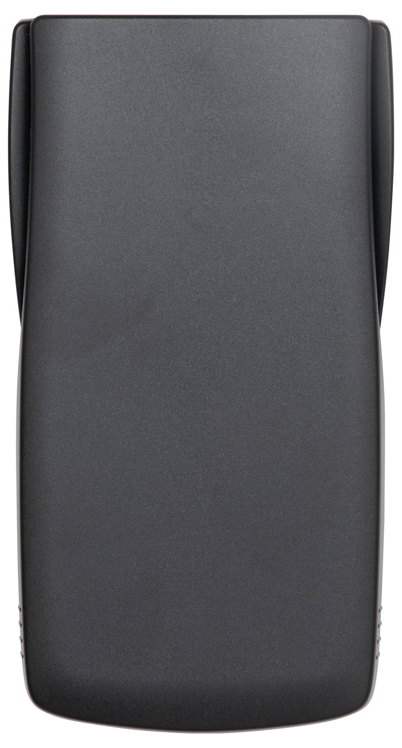 A black handheld electronic device, rear view, showing a smooth and featureless back surface, no visible buttons or screen.