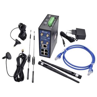 Industrial cellular router with antennas, cables, and power adapter for connecting devices to networks.