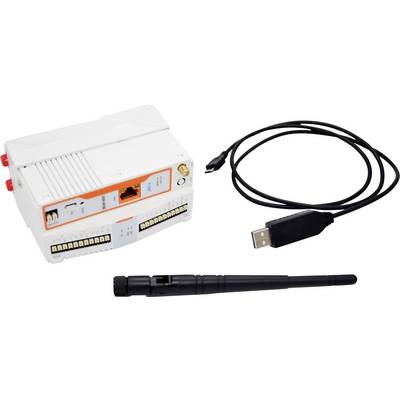 A white electronic device with orange details and ports, a black antenna, and a USB cable. Likely part of a communication or control system.