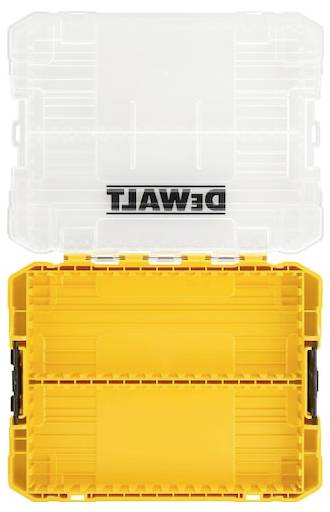 'DEWALT' branded empty tool organizer with clear lid and yellow compartment interior.