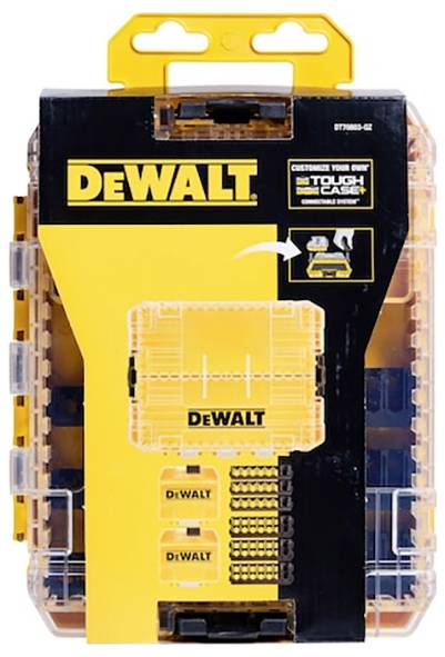 'Dewalt' branded tool case with a transparent lid, showcasing drill bits and screw heads neatly organized inside.