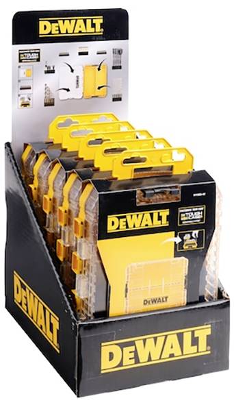 'DEWALT' tool storage display with multiple yellow and black boxes in a retail setting, highlighting organization and durability.