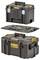 'Three black and yellow DeWalt ToughSystem 2.0 toolboxes: one open, one closed, showing robust handle and stacking capability.'
