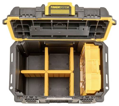 Open tool storage box with multiple compartments, labeled 'ToughSystem' on the lid, featuring orange dividers and a clear organizer on the side.