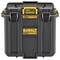 'ToughSystem 2.0' storage box by DeWalt, featuring a durable black design with yellow accents and secure latches for tool storage.